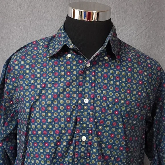 Dockers Mens Medium Blue Green Diamond Geometric Long Sleeve Button Up Shirt - Picture 3 of 11